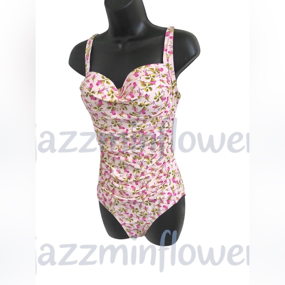 Betsey Johnson pink rosebud print ruching front 1piece swimsuit size medium